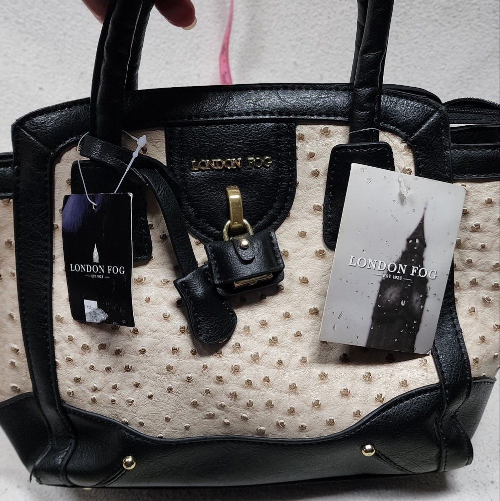 LONDON FOG Ecru Faux Ostrich Embossed Dome Satchel, Lock Detail